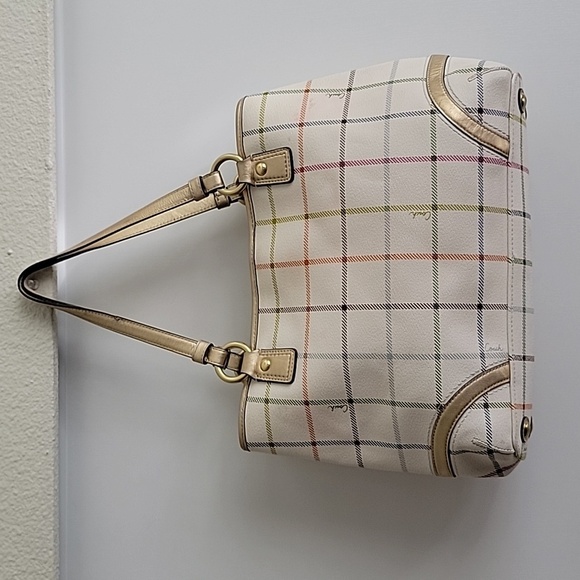 Coach Tattersall Plaid Peyton Pebbled Leather Shoulder Bag Cream Gold Pink Blue - Picture 2 of 16